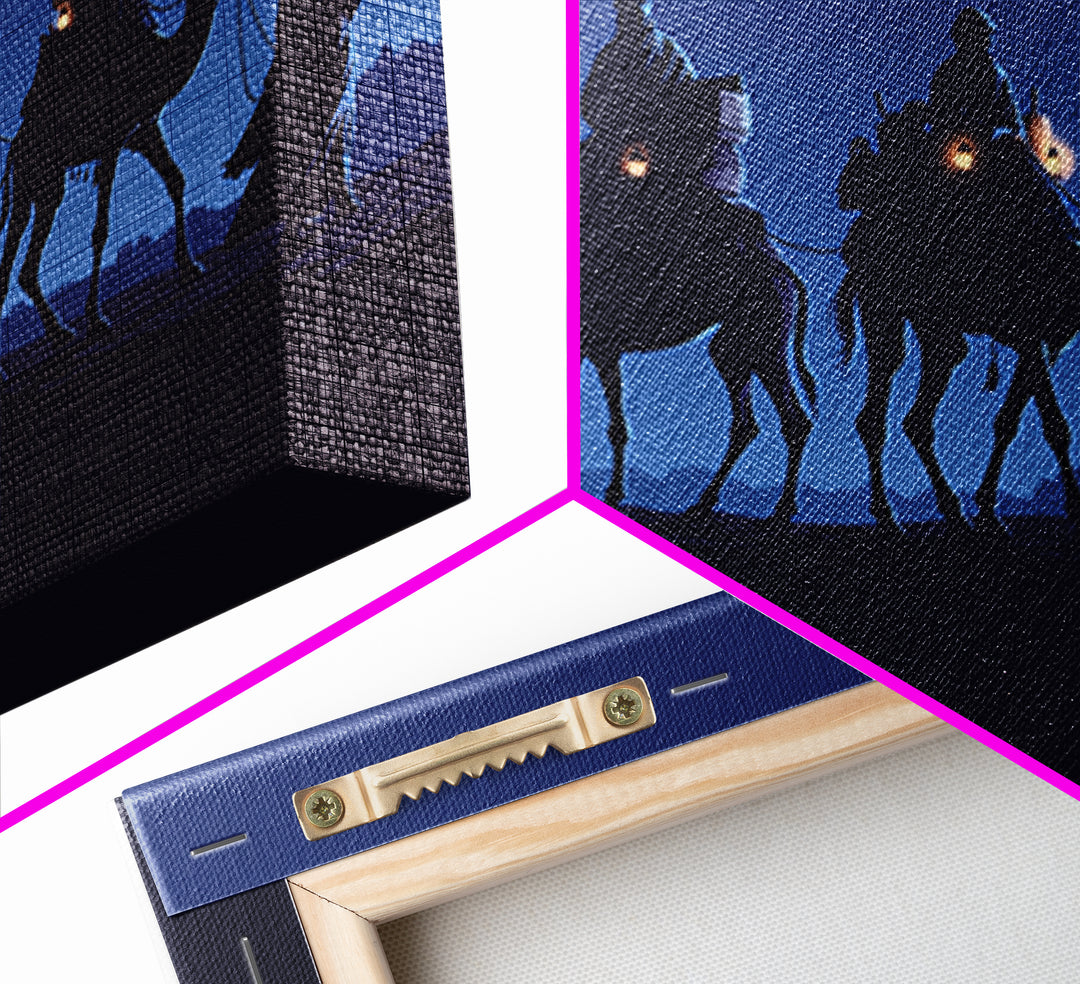 Midnight Camel Riders With Glowing Lanterns Canvas Print, African Safari Art, Blue Wall Decor, Moroccan Travel Gift For Home Decor