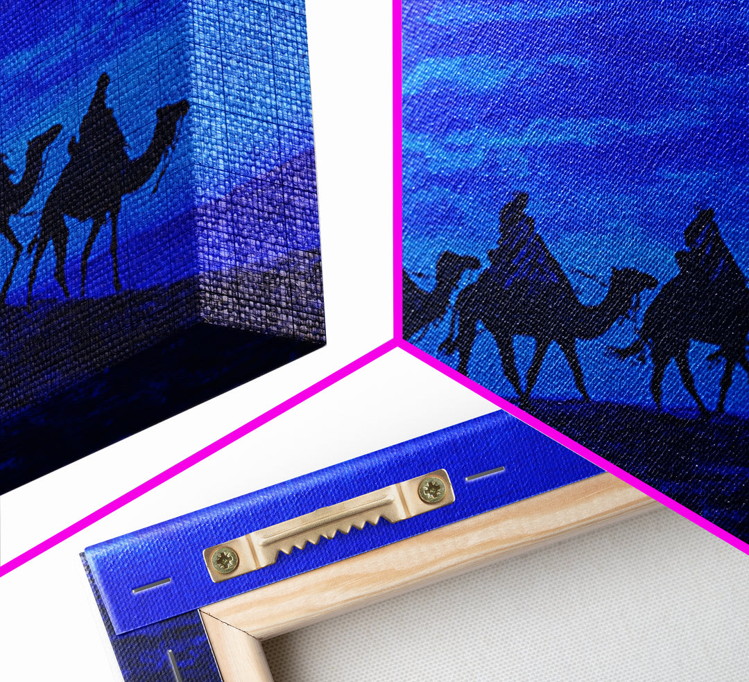 Textured Blue Camel Caravan On Ridge Wall Art, African Landscape Painting, Safari Decor, Boho Bedroom Wall Decor, Unique Home Decor