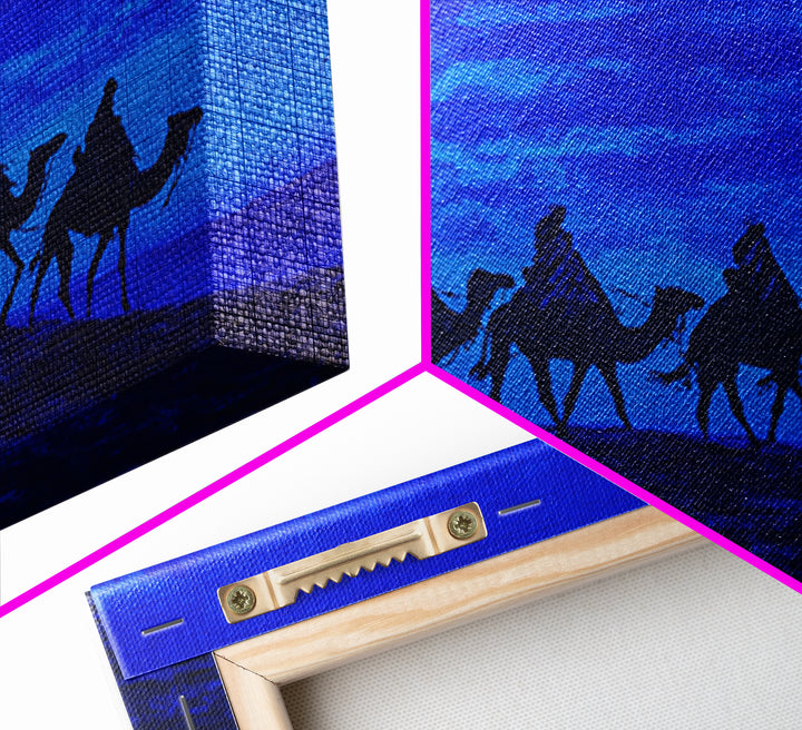 Textured Blue Camel Caravan On Ridge Wall Art, African Landscape Painting, Safari Decor, Boho Bedroom Wall Decor, Unique Home Decor
