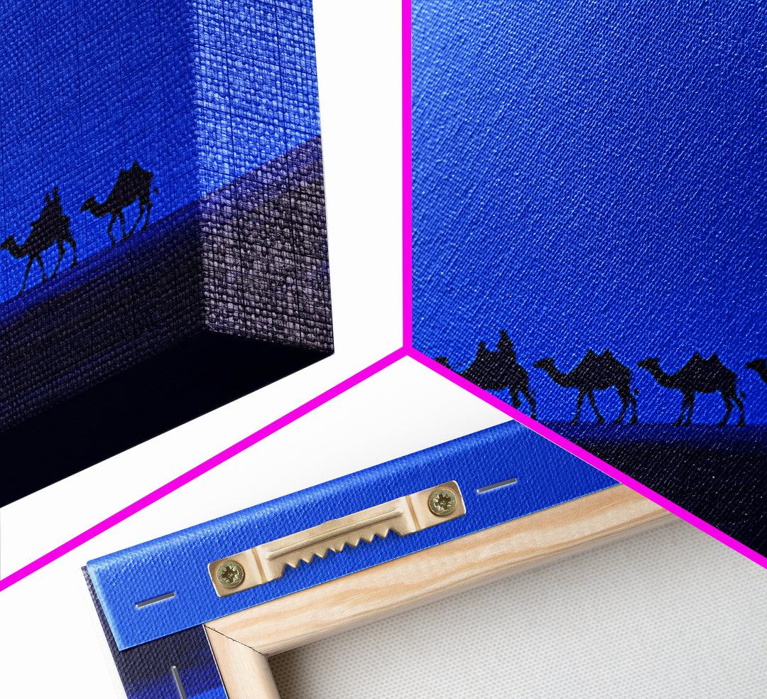 Minimalist Blue Desert Camel Caravan Canvas Print, African Safari Art, Modern Wall Decor, Large Living Room Artwork, Blue Home Decor