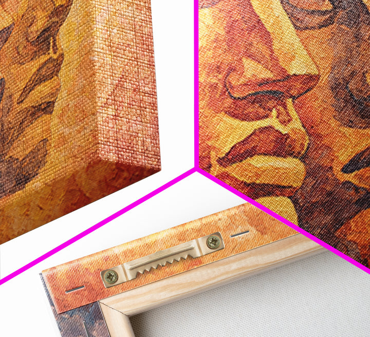 Textured Orange Ancestral Face Profiles, Framed Canvas Print, Abstract African Art, Warm Earth Tone Portrait Wall Decor Gift