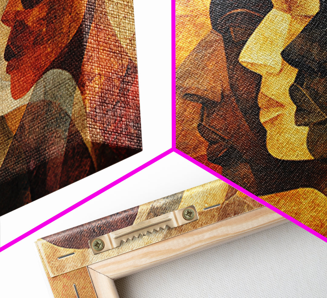 Layered African Profiles In Gold And Terracotta, Wall Art, Modern Canvas Print, Cultural Portrait Decor, Statement Gift For Home