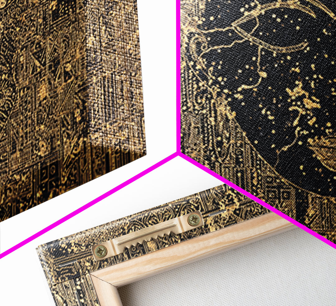 Golden Ancestral Faces And Geometric Tribal Patterns Wall Art, Afrocentric Black Culture Decor, Modern African Canvas Print
