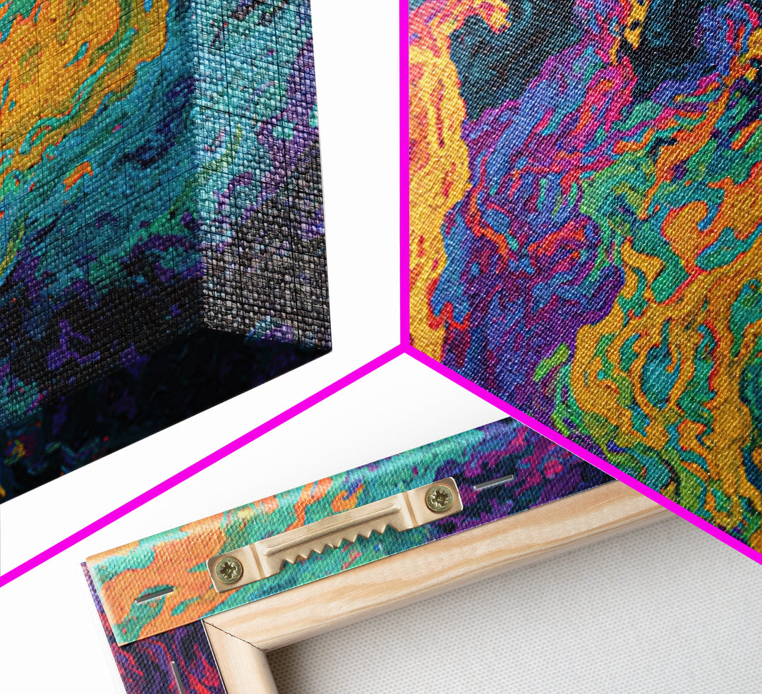 Vibrant Spectral Figures Facing A Swirling Cosmic Sea Canvas Print, Abstract African Art, Colorful Wall Decor Gift, Modern Art