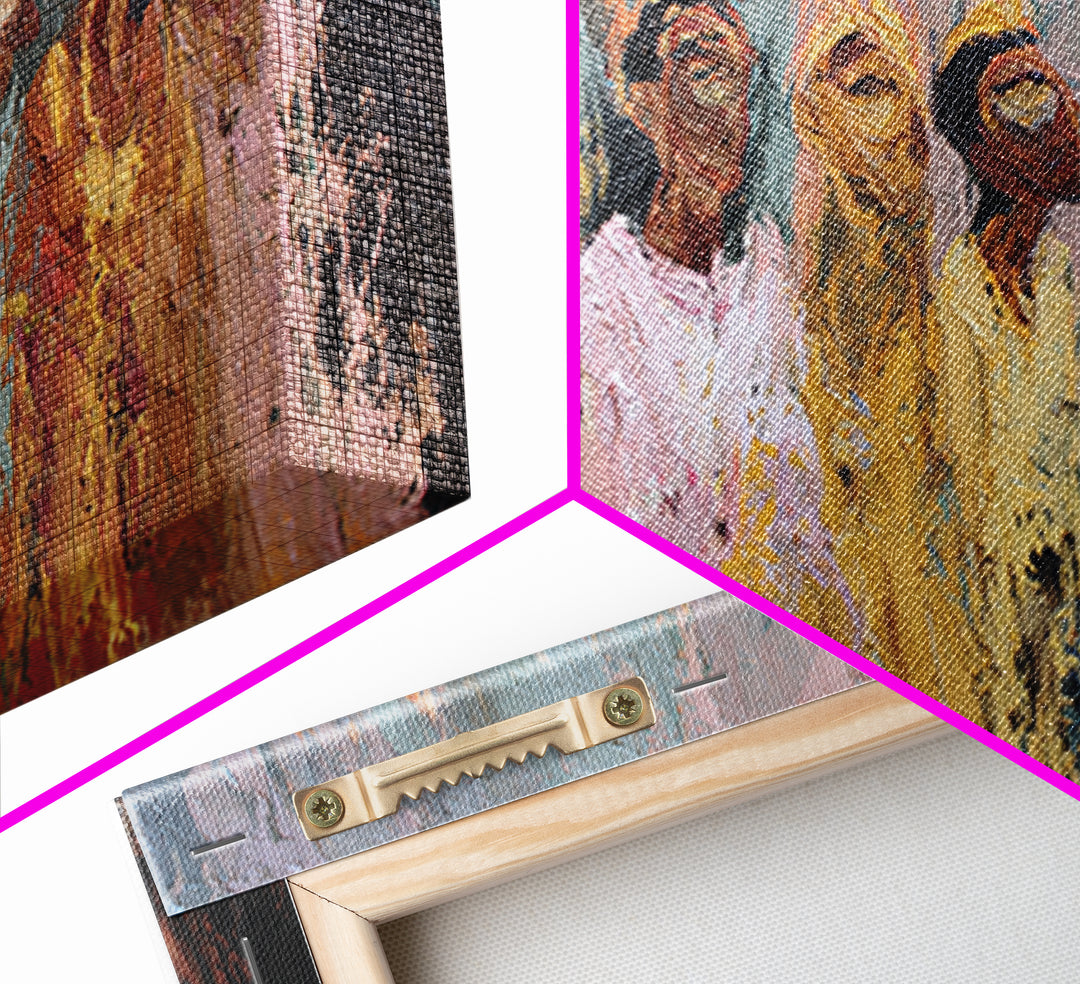 Textured Women In Fiery Robes With Tall Flame Crowns Framed Canvas Print, African Women Art, Elegant Wall Decor, Home Decor Gift