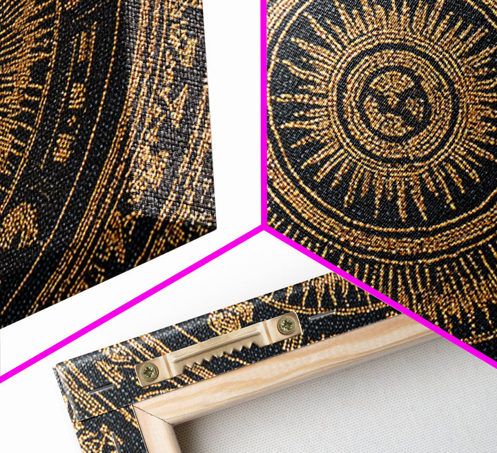 Gold Black African Mandala Bead Pattern Framed Canvas Print, Spiritual Circle Wall Decor, Elegant Ethnic Home Decor Gift