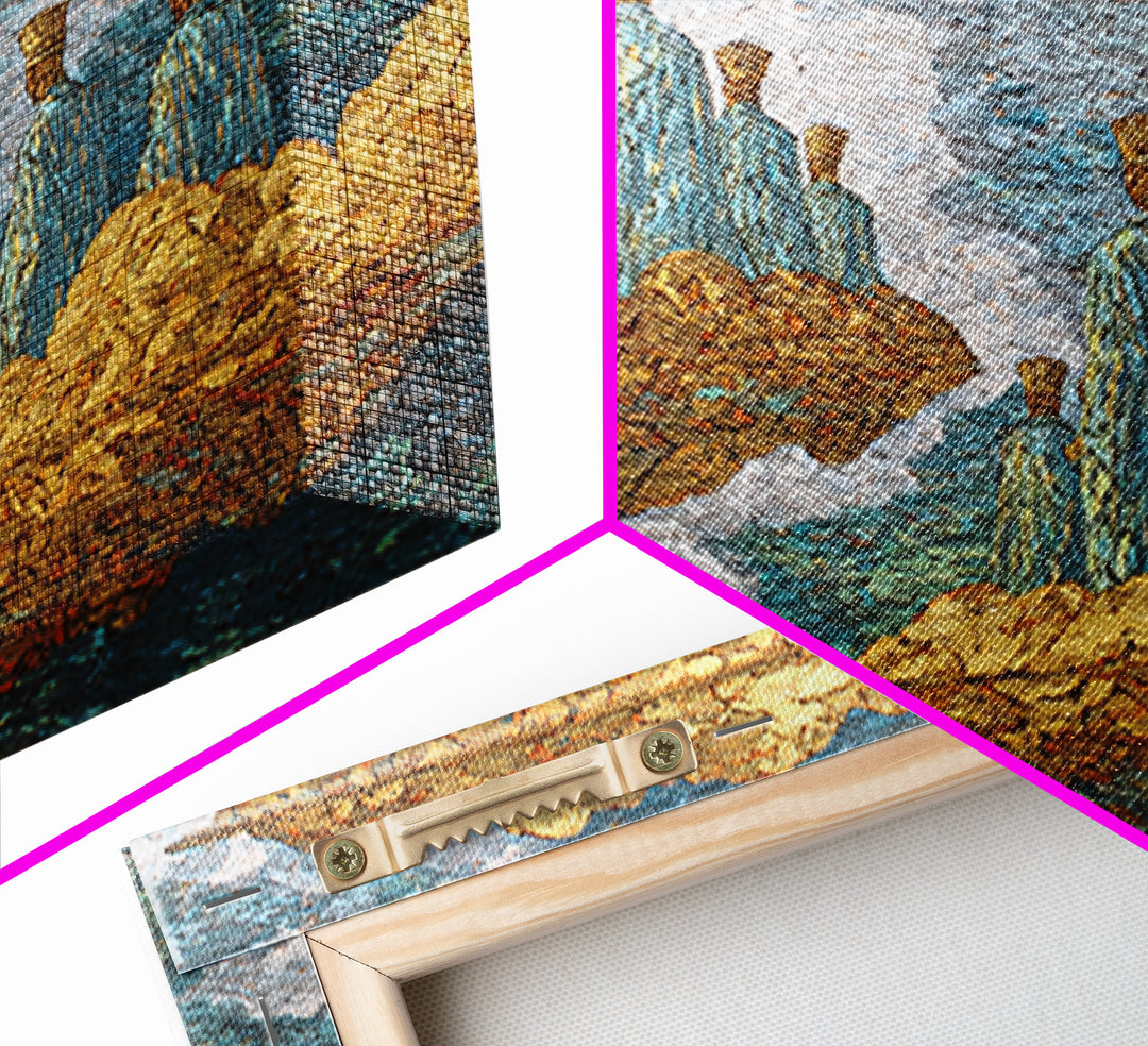 Surreal Floating Island Figures Wall Art, Blue And Gold African Inspired Decor, Dreamy Abstract Ethnic Art Print, Modern Canvas