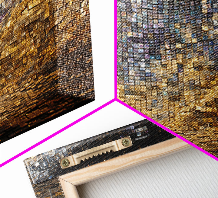 Golden Mosaic Tile Abstract Wall Art, Blue Gold Geometric Canvas Decor, Luxury Textured Art Print, Modern Statement Wall Decor