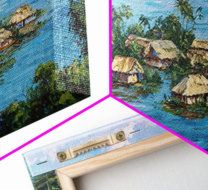 Tropical Island Village Canvas Print, Blue Water Palm Hut Landscape, Africa Inspired Coastal Wall Art, Nature Decor Gift