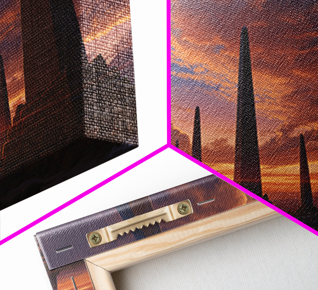Sunset Desert Obelisks Wall Art, Ancient Monument Canvas Print, African Landscape Decor, Dramatic Travel Home Gallery Gift