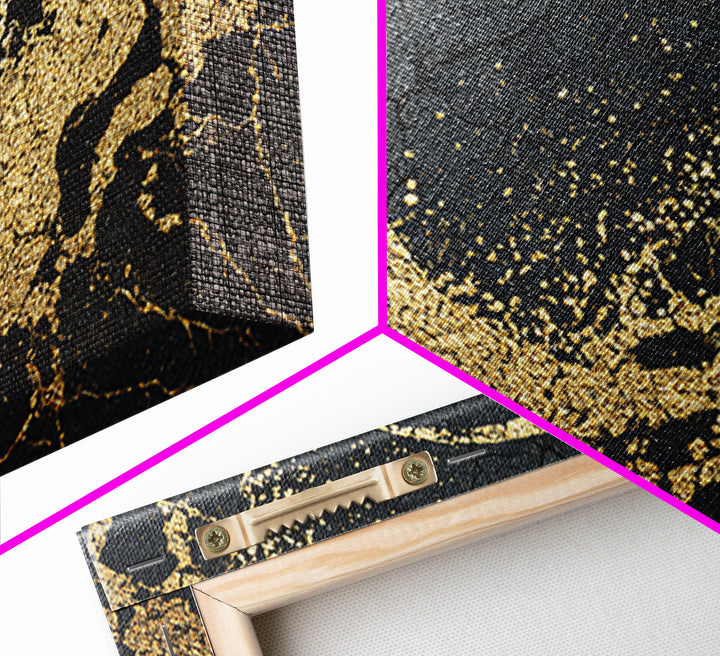 Gold Crescent On Cracked Black Stone Wall Art, Abstract Black Art, Luxury Canvas Art, Spiritual Statement Modern Home Decor Gift