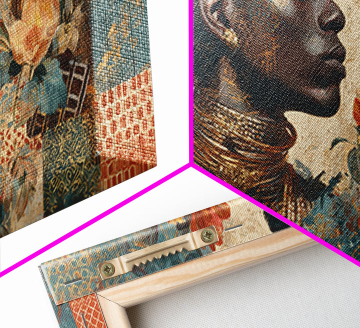 Expressive Portrait with Ornate Floral Background and Canvas Print, African Inspired Art, Abstract Art, Living Room Decor, AIA-2x1-49