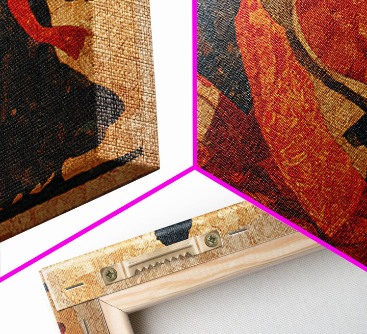 Ceremonial Dancers in Motion with Crimson and Canvas Print, African Inspired Art, Living Room Wall Art, Living Room Decor, AIA-3x2-70