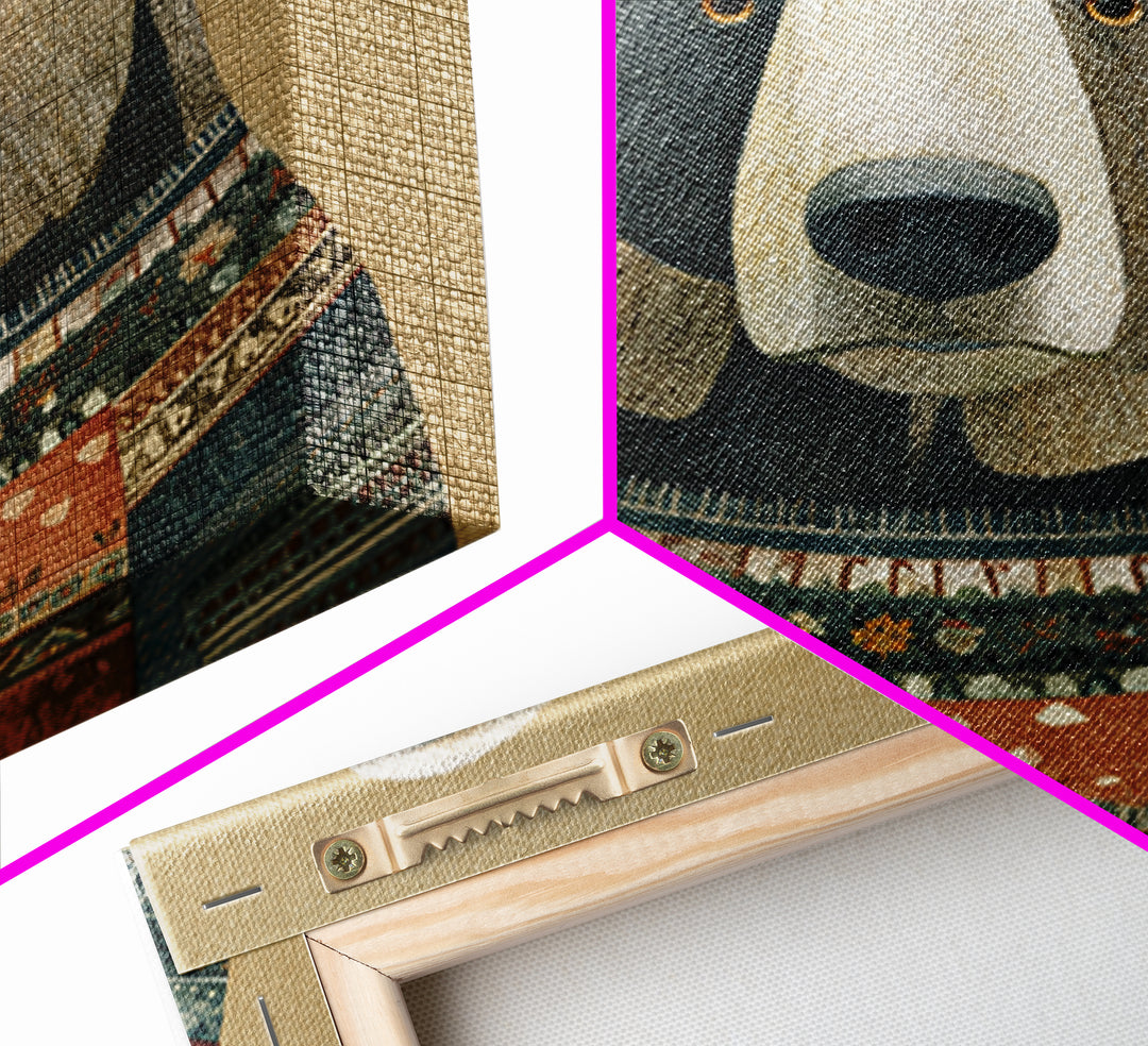 Whimsical Bear in a Patterned Sweater with Canvas Print, Animal Art, Modern Wall Art, Living Room Decor, Fine Art, Creature, ANI-1x1-26