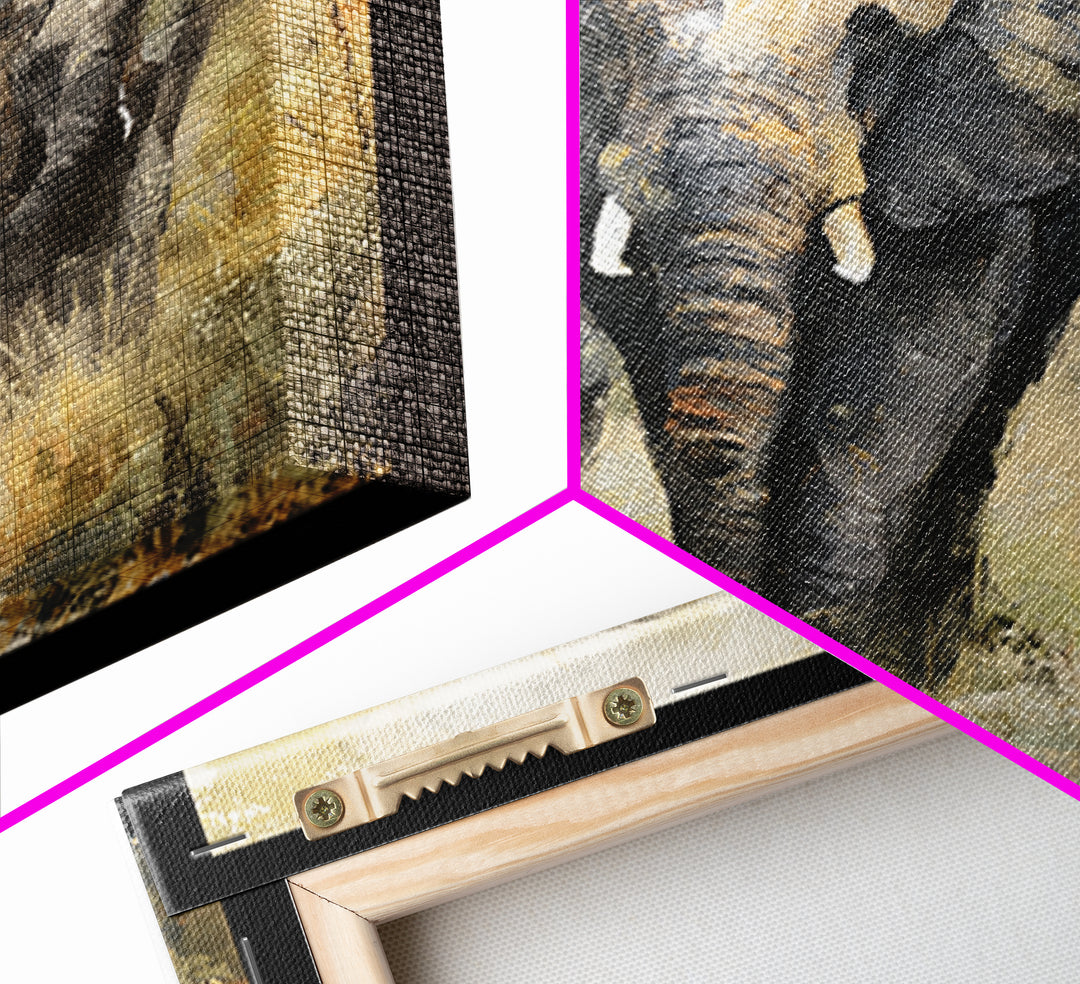 Elephant Family Walking Through Dusty Golden Light Canvas Print, Animal Art, Safari Nursery Decor, Living Room Decor, Creature, ANI-1x1-38