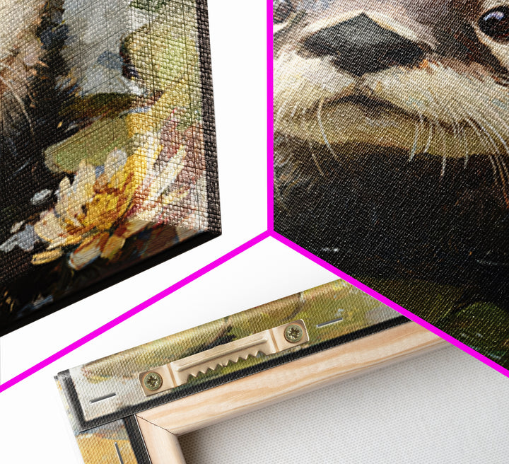 Playful Otter Floating Among Lily Pads Framed Canvas Print, Animal Art, Original Painting, Living Room Decor, Creature, ANI-1x1-56