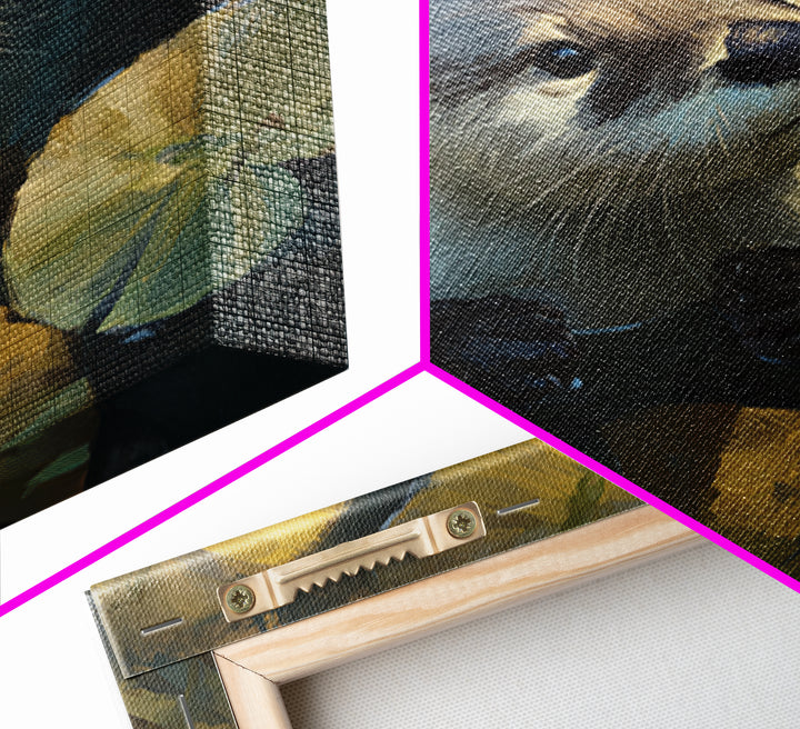 Playful Otter Floating Among Lily Pads Framed Canvas Print, Animal Art, Modern Decor, Living Room Decor, Fine Art, Creature, ANI-1x1-80