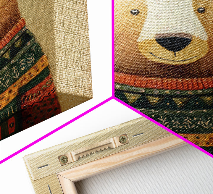Whimsical Bear in a Patterned Sweater with Canvas Print, Animal Art, Boho Decor, Living Room Decor, Fine Art, Creature, ANI-1x1-98