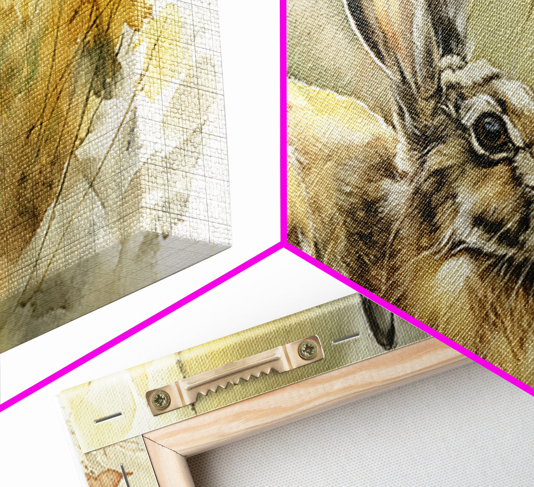 Curious Rabbit in a Soft Watercolor Meadow Framed Canvas Print, Animal Art, Living Room Decor, Oil Painting, Creature, ANI-2x1-1