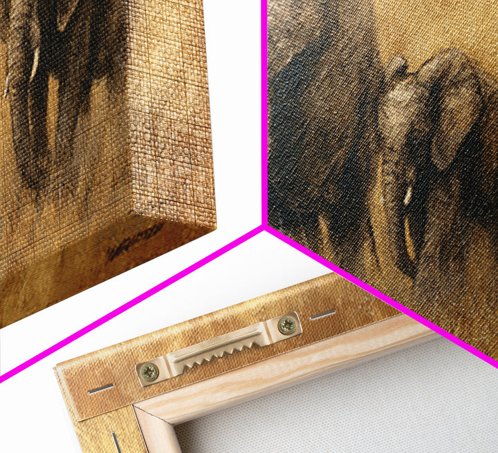 Elephant Family Walking Through Dusty Golden Light Framed Canvas Print, Animal Art, Art Print, Living Room Decor, Creature, ANI-2x1-10