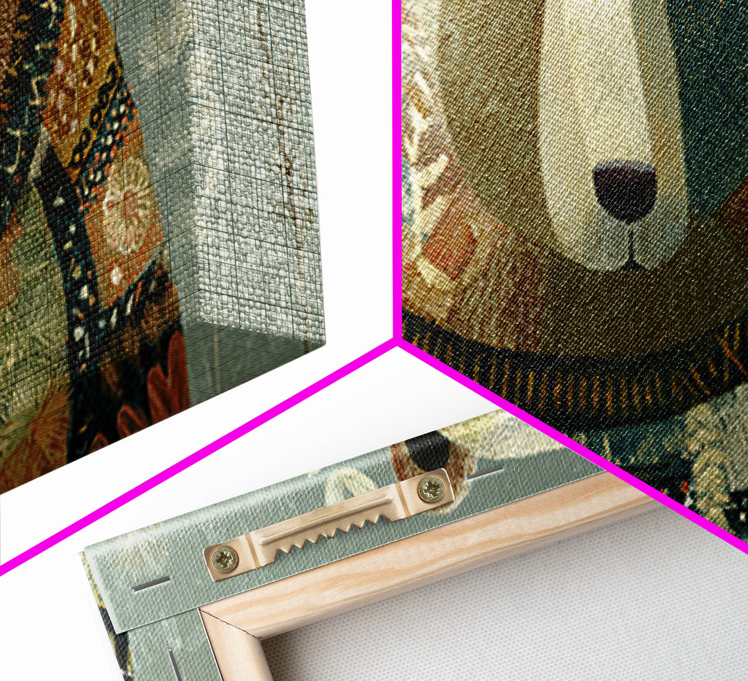 Whimsical Bear in a Patterned Sweater with Canvas Print, Animal Art, Boho Decor, Living Room Decor, Fine Art, Creature, ANI-2x1-22