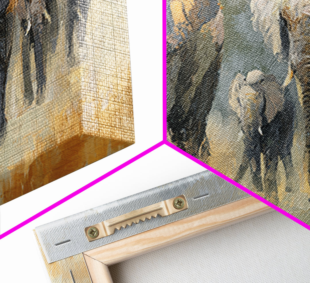 Elephant Family Walking Through Dusty Golden Light Framed Canvas Print, Animal Art, Art Print, Living Room Decor, Creature, ANI-2x1-34