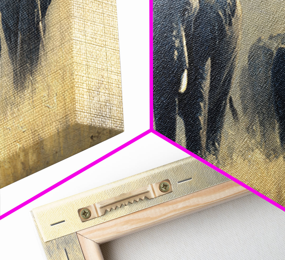 Elephant Family Walking Through Dusty Golden Light Canvas Print, Animal Art, Wall Art, Living Room Decor, Fine Art, Creature, ANI-2x1-58