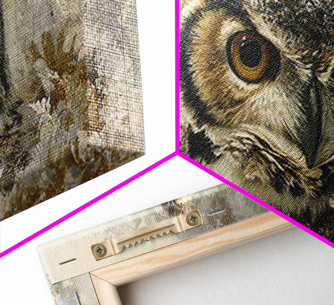 Owl with Moonlit Feathers and Celestial Accents Framed Canvas Print, Animal Art, Nursery, Living Room Decor, Watercolor Art, ANI-2x1-59