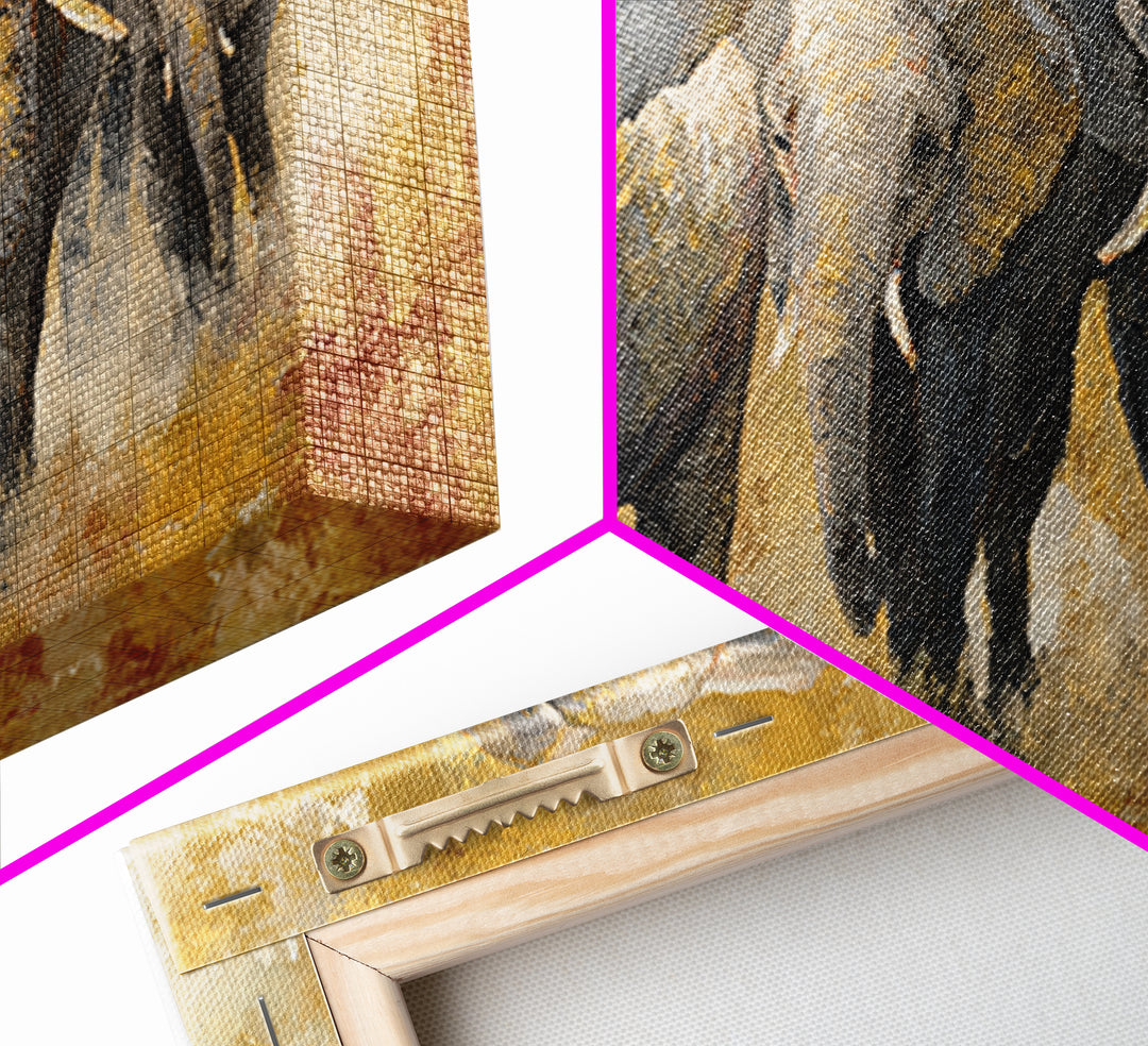 Elephant Family Walking Through Dusty Golden Light Canvas Print, Animal Art, Wall Art, Living Room Decor, Fine Art, Creature, ANI-2x1-82