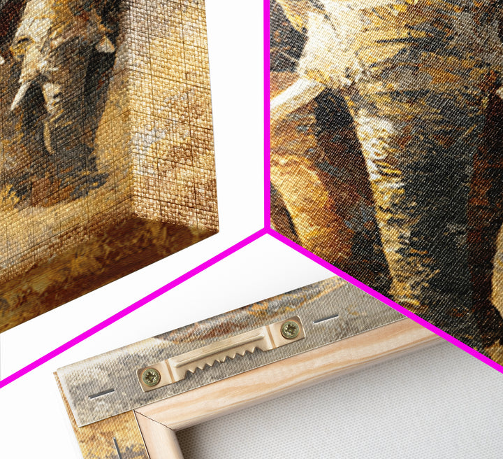 Elephant Family Walking Through Dusty Golden Light Canvas Print, Animal Art, Textured Painting, Living Room Decor, Creature, ANI-2x3-22