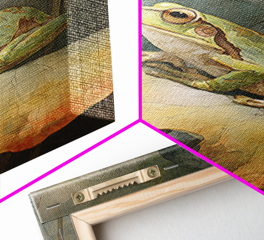 Frog on a Lotus Leaf Framed Canvas Print, Animal Art, Art Deco, Living Room Decor, Oil Painting, Creature, Cat Art, ANI-2x3-28