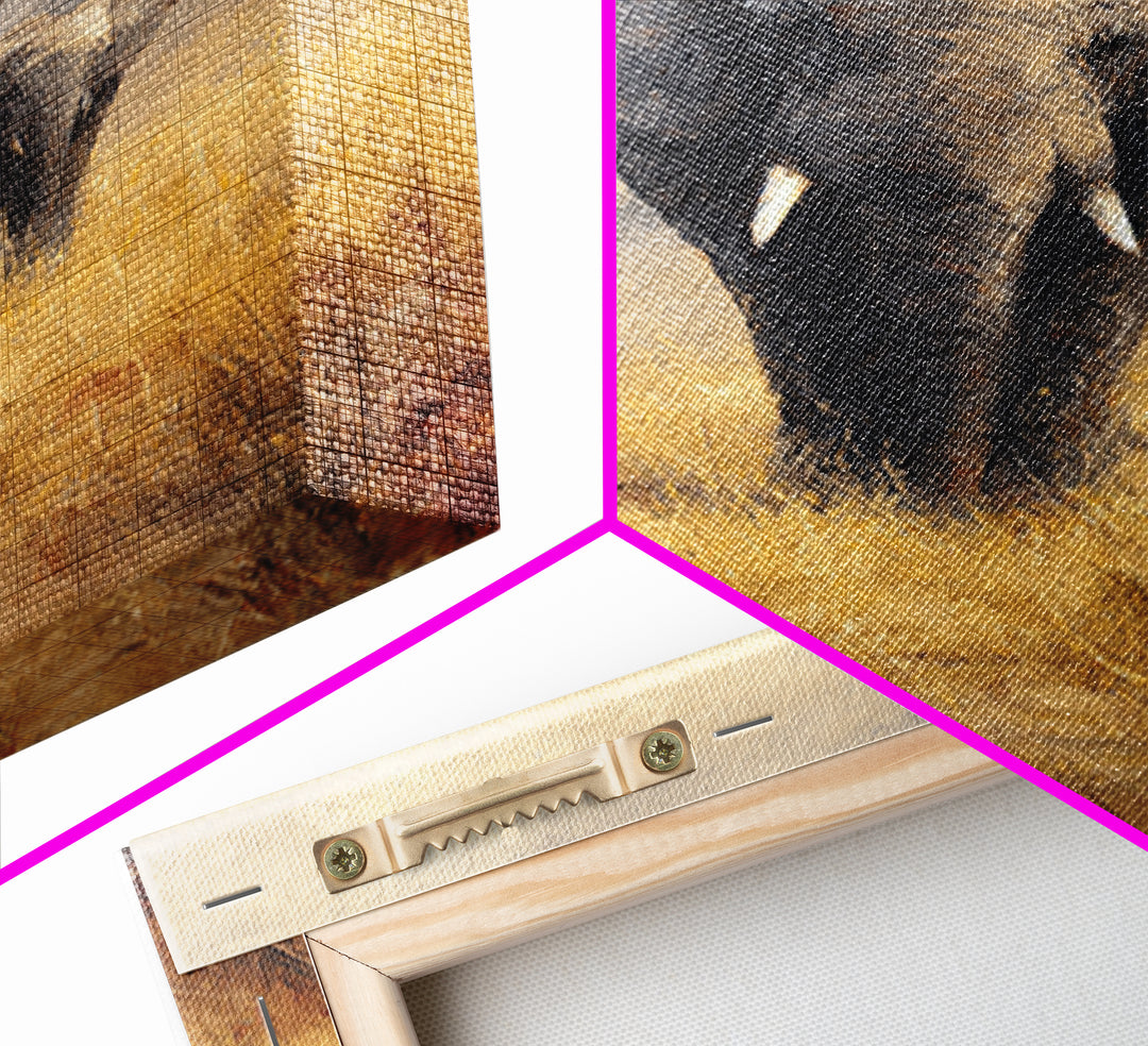 Elephant Family Walking Through Dusty Golden Light Canvas Print, Animal Art, Textured Painting, Living Room Decor, Creature, ANI-2x3-46