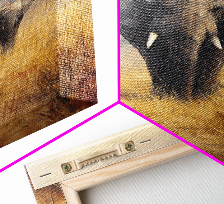 Elephant Family Walking Through Dusty Golden Light Canvas Print, Animal Art, Textured Painting, Living Room Decor, Creature, ANI-2x3-46