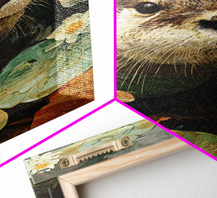 Playful Otter Floating Among Lily Pads Framed Canvas Print, Animal Art, Digital Art, Living Room Decor, Fine Art, Creature, ANI-2x3-88