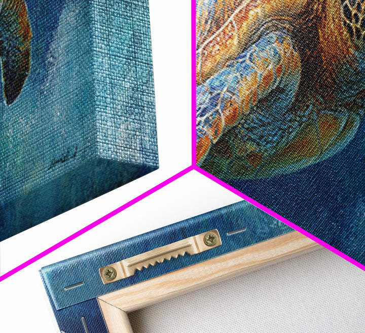 Sea Turtle Drifting Through Luminous Blue Water Framed Canvas Print, Animal Art, Home Decor, Living Room Decor, Creature, ANI-3x1-10