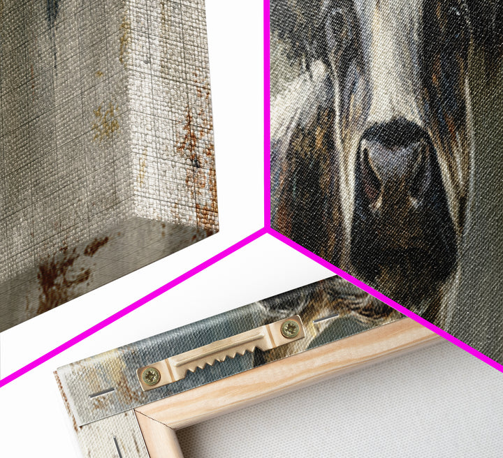 Gentle Cow Portrait Framed Canvas Print, Animal Art, Boho Decor, Living Room Decor, Oil Painting, Creature, Digital Prints, ANI-3x1-23