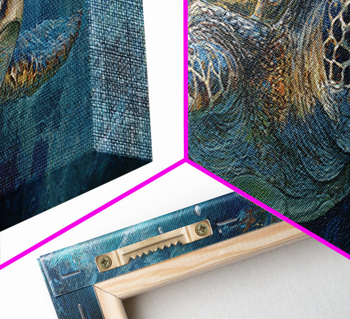 Sea Turtle Drifting Through Luminous Blue Water Canvas Print, Animal Art, Digital Art, Living Room Decor, Abstract Art, ANI-3x1-34