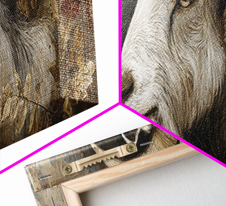 Goat Portrait with Rustic Folk Art Personality Framed Canvas Print, Animal Art, Digital Print, Living Room Decor, Creature, ANI-3x1-37