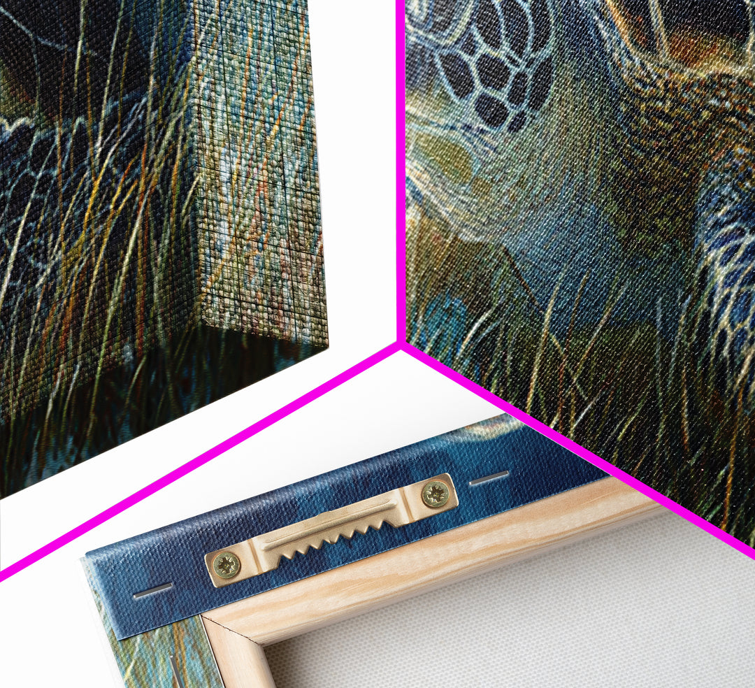 Sea Turtle Drifting Through Luminous Blue Water Framed Canvas Print, Animal Art, Nursery Decor, Living Room Decor, Creature, ANI-3x1-58