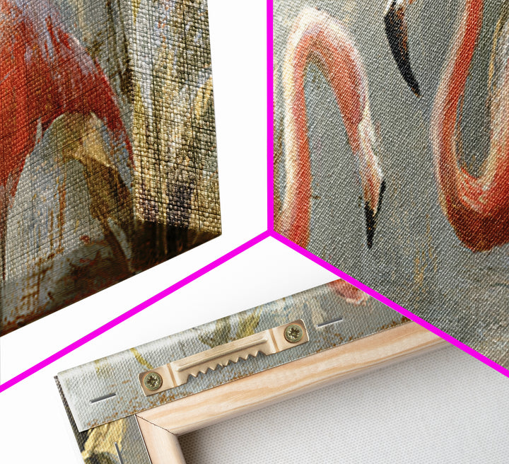 Flamingo Pair in Elegant Coral and Cream Framed Canvas Print, Animal Art, Wall Art, Living Room Decor, Fine Art, Creature, ANI-3x1-59