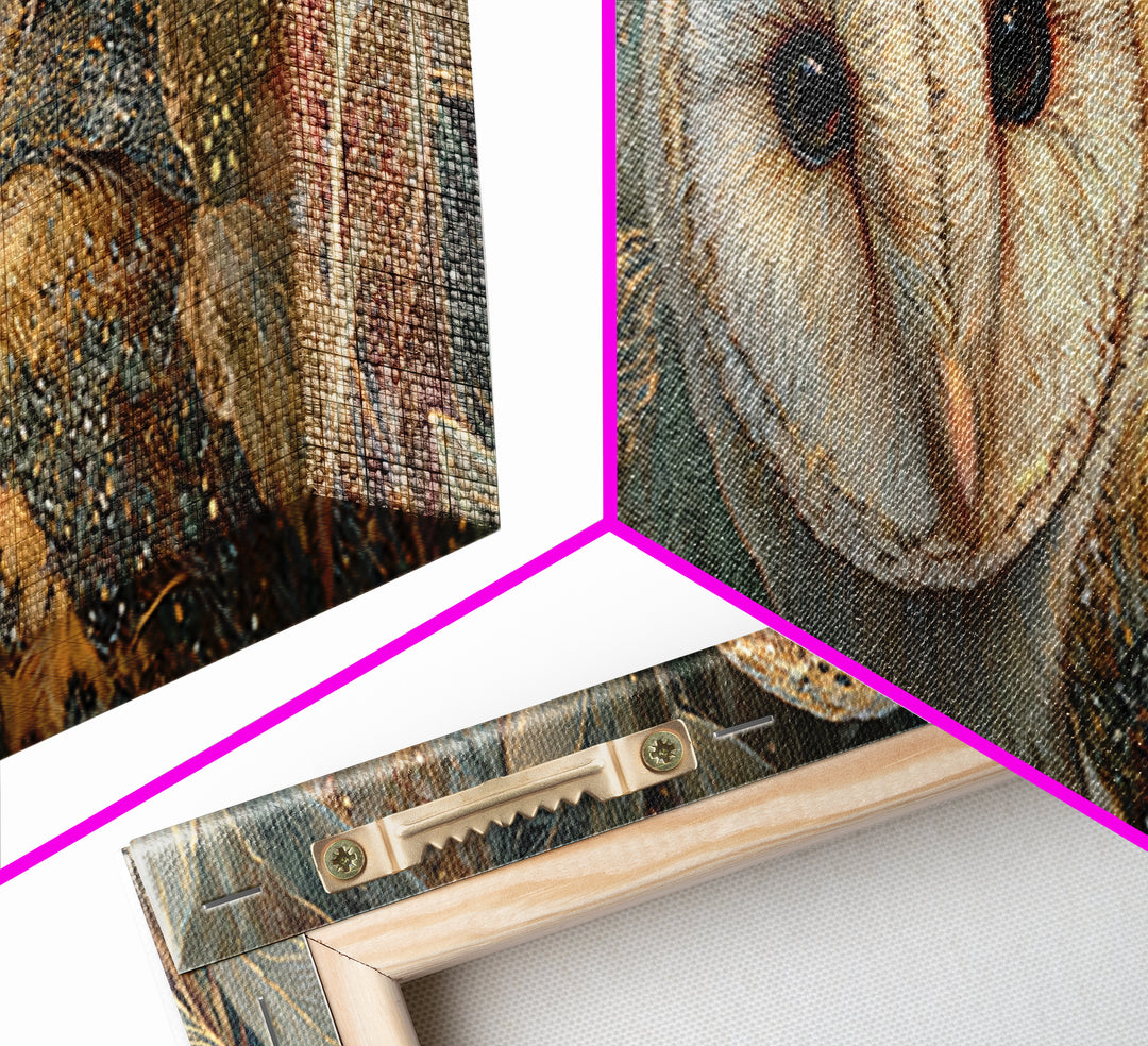 Owl with Moonlit Feathers and Celestial Accents Framed Canvas Print, Animal Art, Neutral Decor, Living Room Decor, Creature, ANI-3x1-7