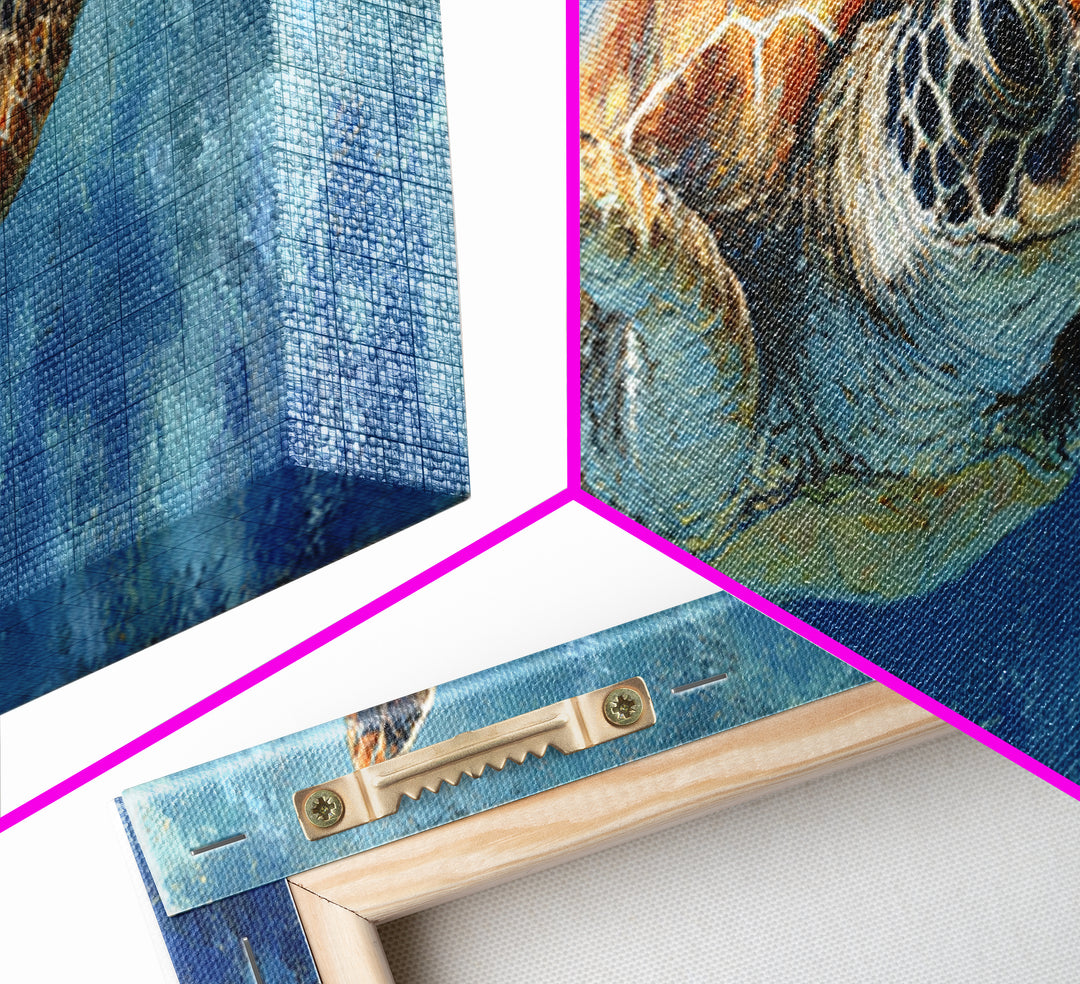 Sea Turtle Drifting Through Luminous Blue Water Framed Canvas Print, Animal Art, Nursery Decor, Living Room Decor, Creature, ANI-3x1-82