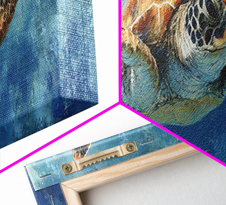 Sea Turtle Drifting Through Luminous Blue Water Framed Canvas Print, Animal Art, Nursery Decor, Living Room Decor, Creature, ANI-3x1-82