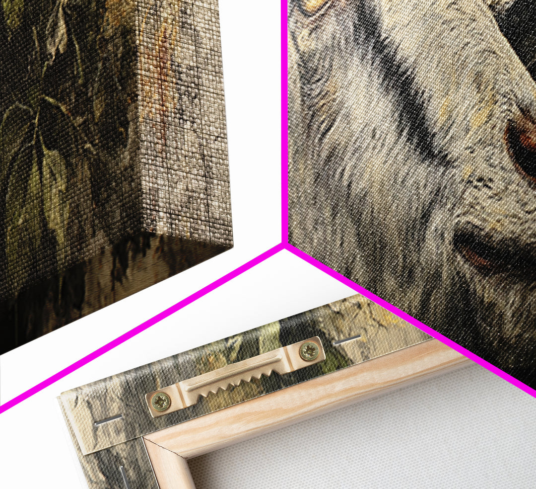 Goat Portrait with Rustic Folk Art Personality Canvas Print, Animal Art, Boho Wall Art, Living Room Decor, Oil Painting, ANI-3x1-85
