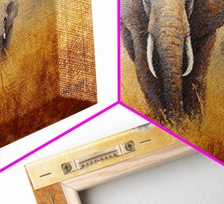 Elephant Family Walking Through Dusty Golden Light Framed Canvas Print, Animal Art, Printable, Living Room Decor, Creature, ANI-3x2-18