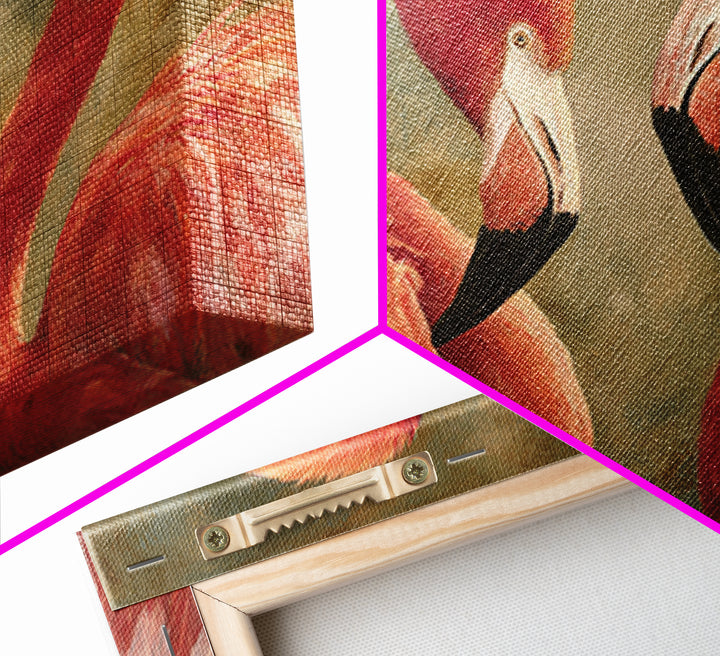 Flamingo Pair in Elegant Coral and Cream Framed Canvas Print, Animal Art, Digital Print, Living Room Decor, Fine Art, Creature, ANI-3x2-23