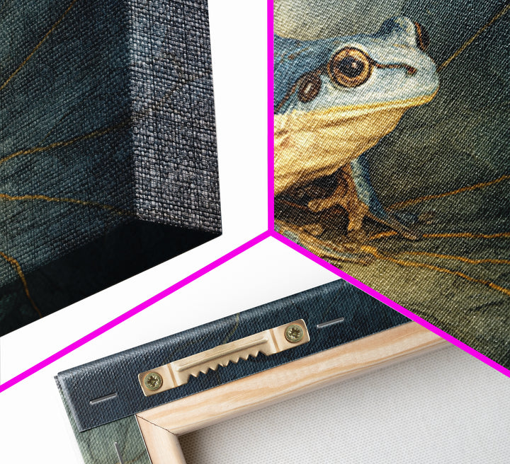 Frog on a Lotus Leaf Framed Canvas Print, Animal Art, Nursery Wall Art, Living Room Decor, Fine Art, Creature, Trendy Wall Art, ANI-3x2-24