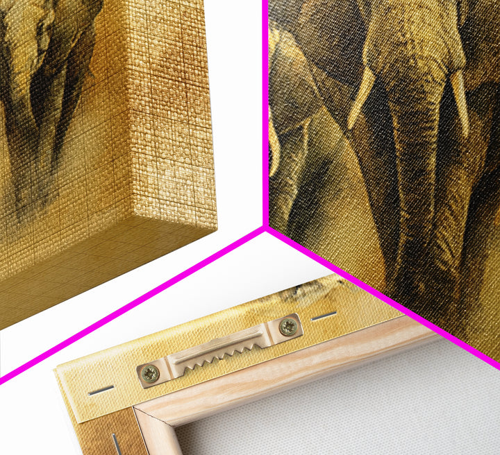 Elephant Family Walking Through Dusty Golden Light Canvas Print, Animal Art, Art Deco, Living Room Decor, Fine Art, Creature, ANI-3x2-42