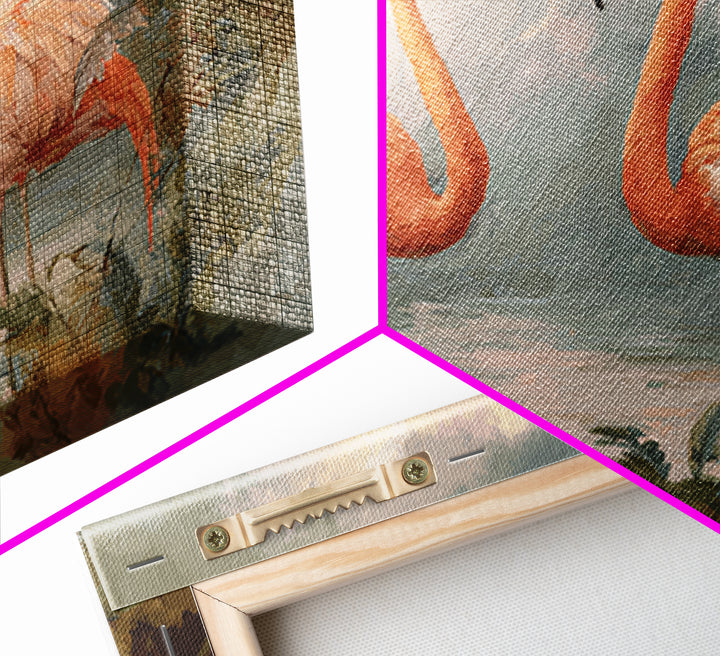 Flamingo Pair in Elegant Coral and Cream Framed Canvas Print, Animal Art, Room Decor, Living Room Decor, Oil Painting, Creature, ANI-3x2-47