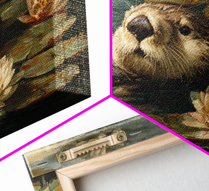 Playful Otter Floating Among Lily Pads Framed Canvas Print, Animal Art, Downloadable Art, Living Room Decor, Fine Art, Creature, ANI-3x2-60